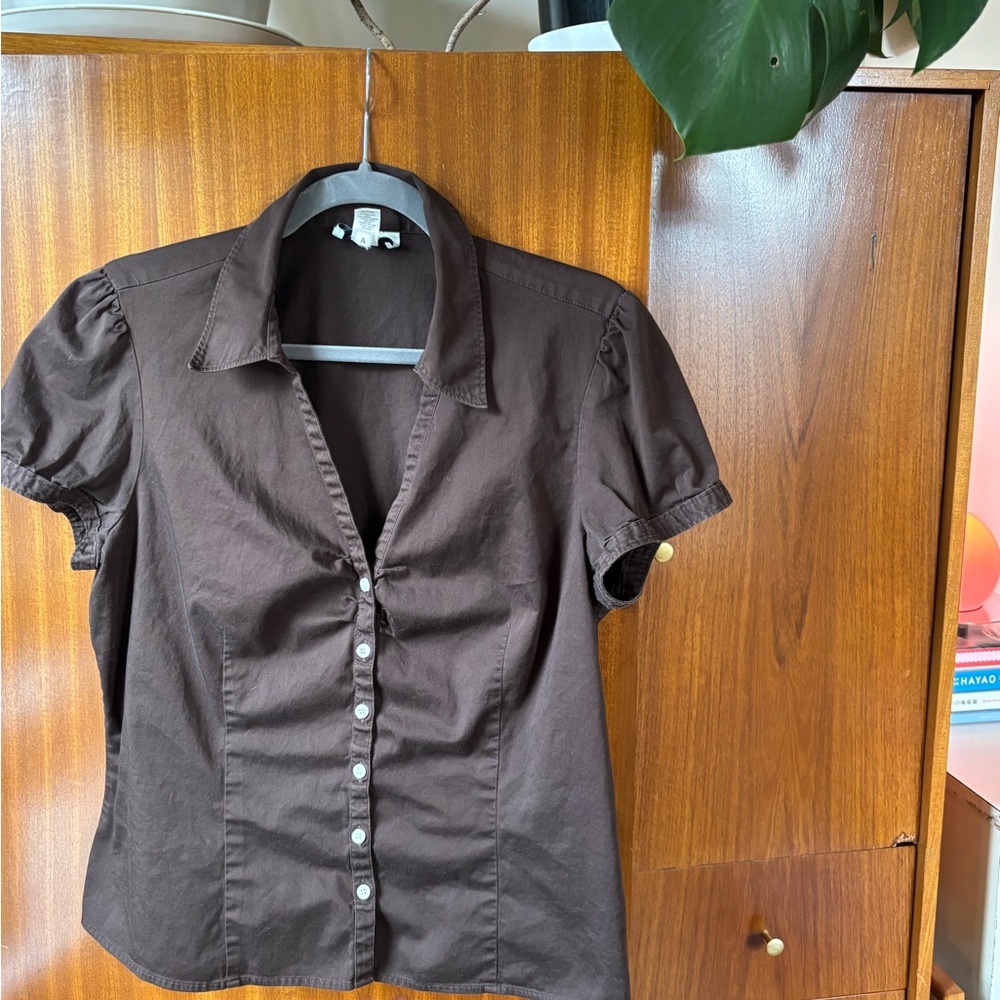 LOFT Dark Brown Short-Sleeve Button-Front Shirt